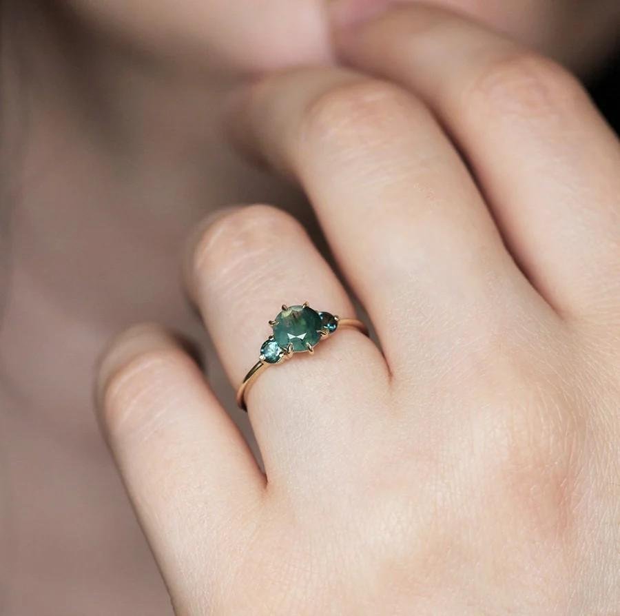 Engagement Ring Taia with Moss Agate, Teal Tourmalines, 14k/18k gold or platinum