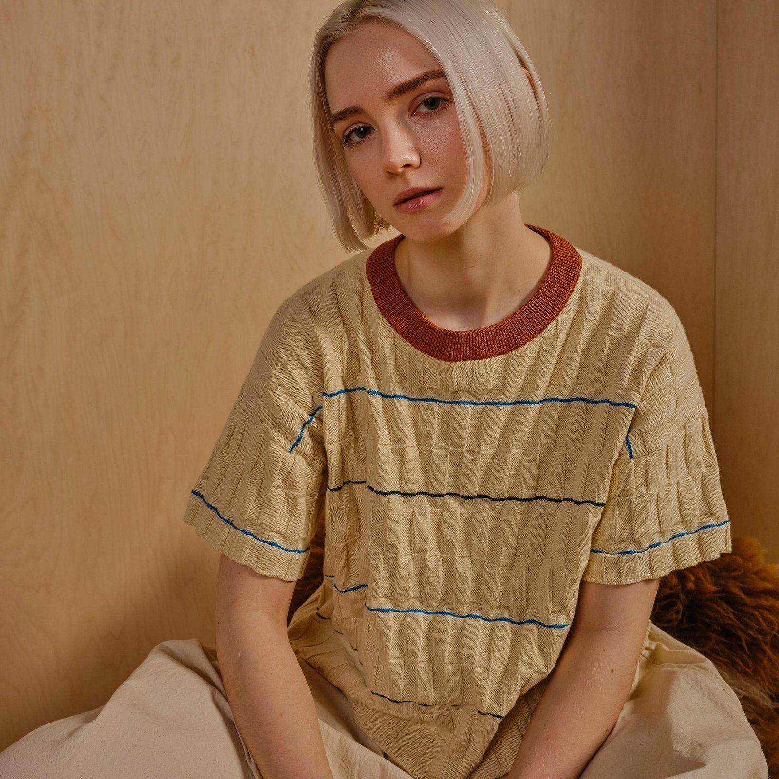 Wiggle Stripe Knit Grid Tee - Brugmansia
